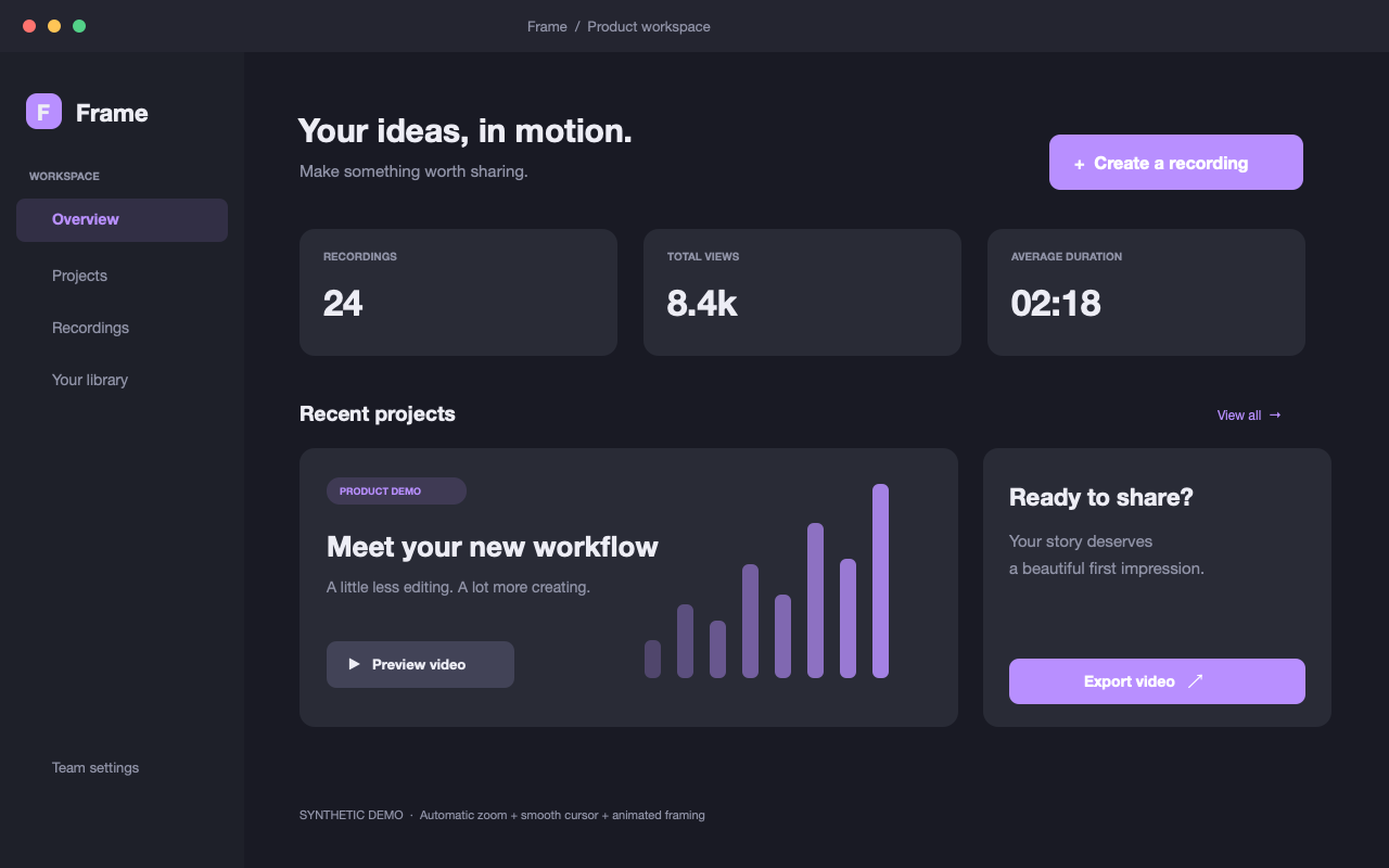 Sample Frame workspace with recording statistics and a project dashboard